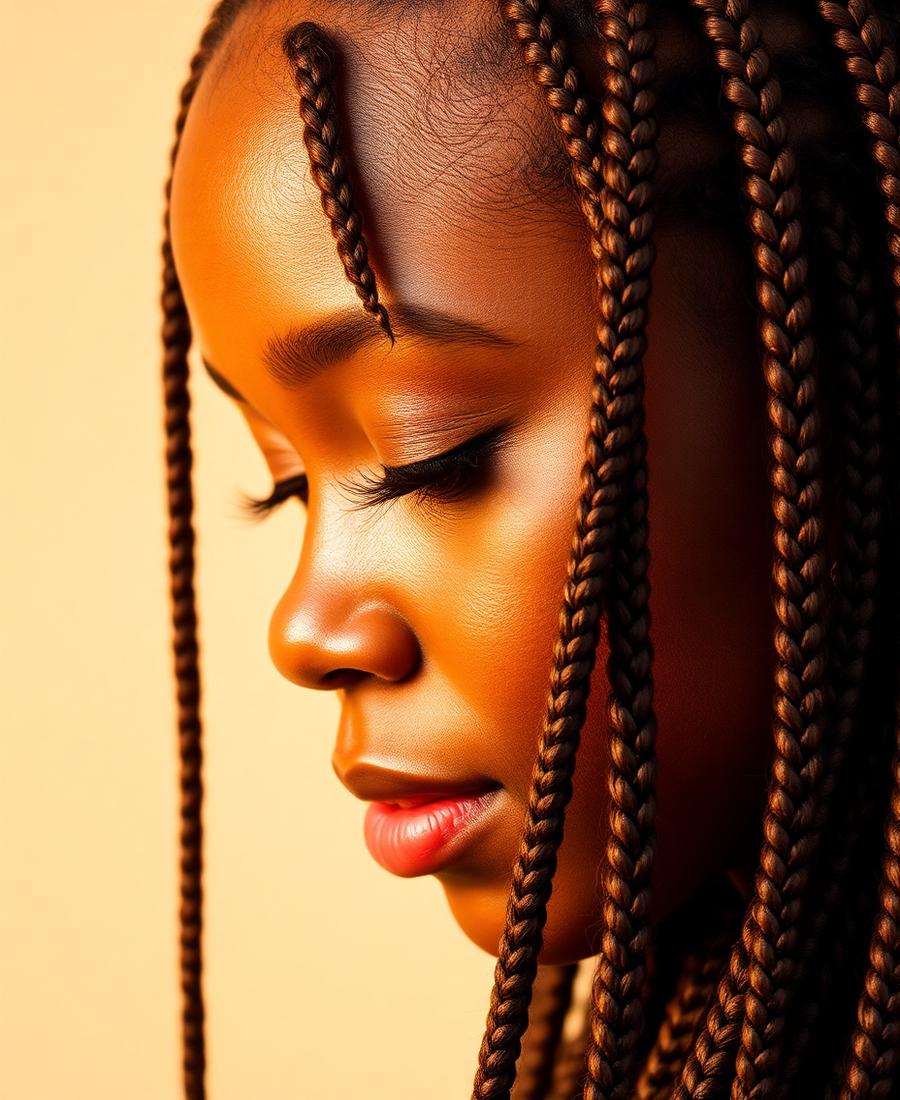 Close-up of long box braids styled by a professional braider