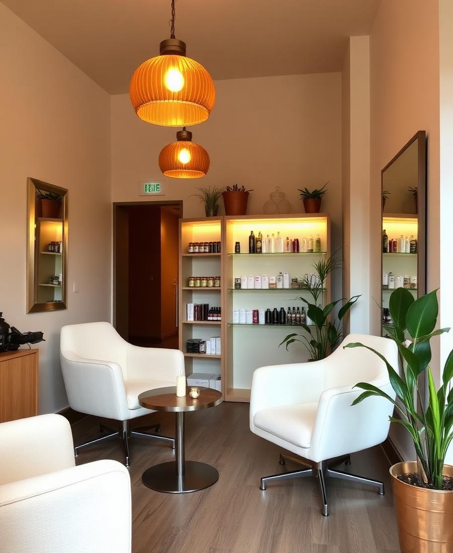 Warm reception and waiting lounge with seating and a retail product shelf