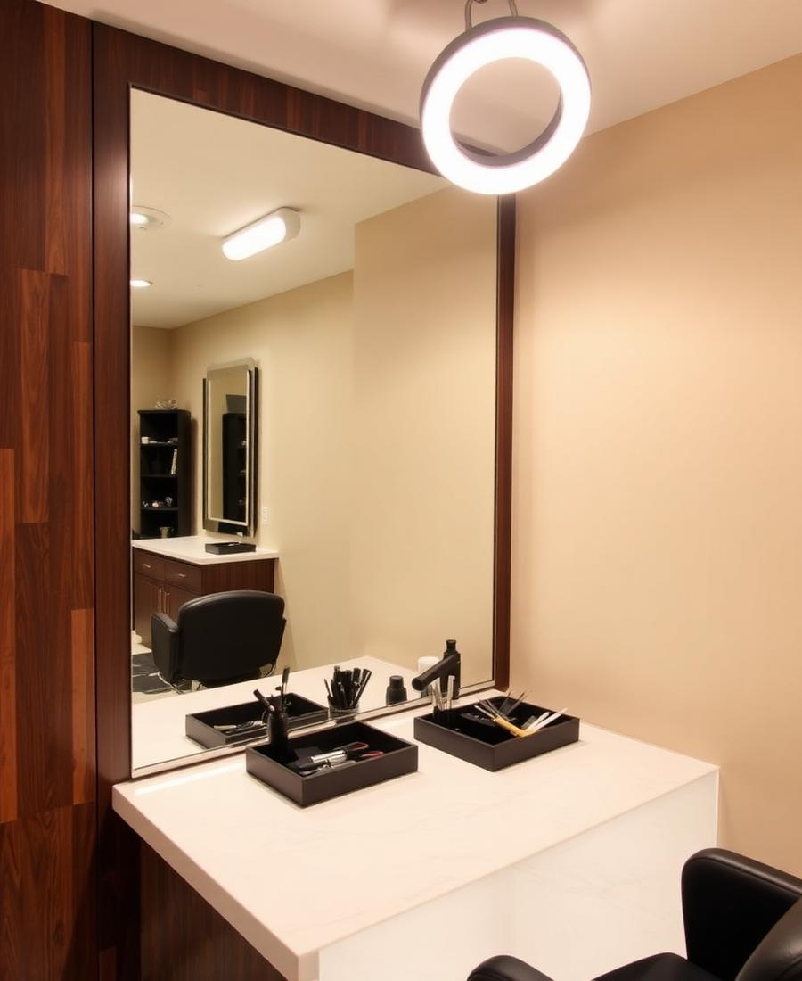 Styling station with a large mirror, ring light, and organized tool trays